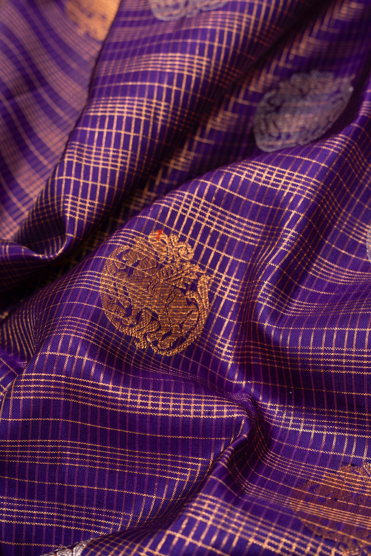 Kanchipuram Silk Checks And Butta Purple Saree