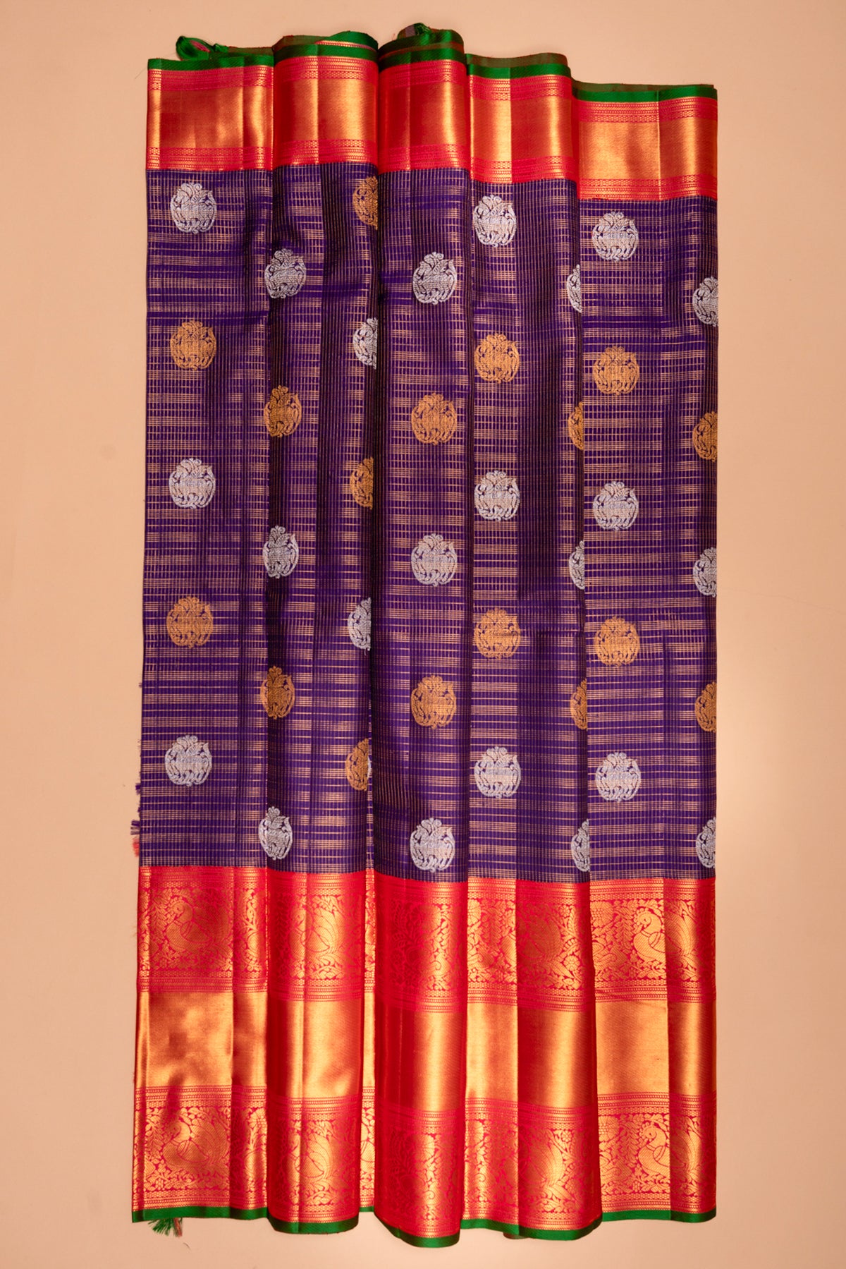 Kanchipuram Silk Checks And Butta Purple Saree