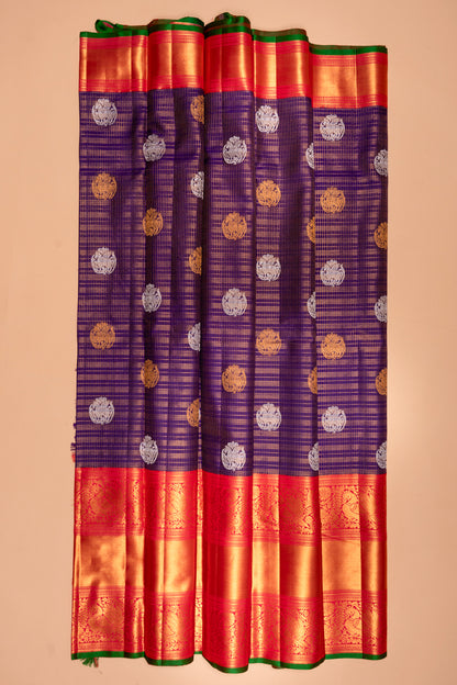 Kanchipuram Silk Checks And Butta Purple Saree