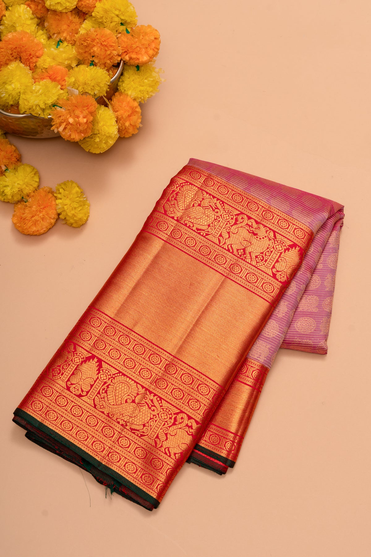 Kanchipuram Silk Oosi Lines And Butta Pink Saree