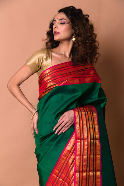 Kanchipuram Silk Plain Bottle Green Saree