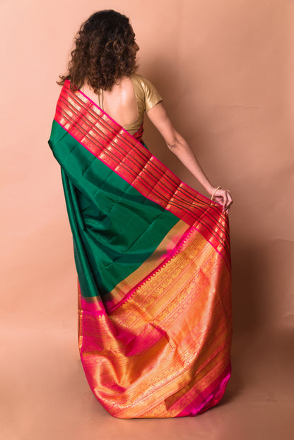 Kanchipuram Silk Plain Bottle Green Saree