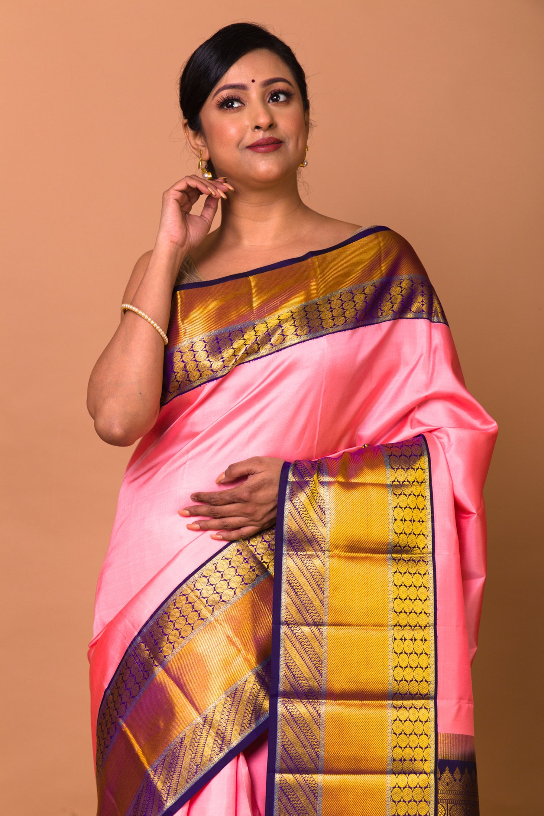 Kanchipuram Silk Plain Baby Pink Saree