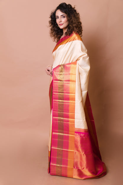 Kanchipuram Silk Plain Cream Saree
