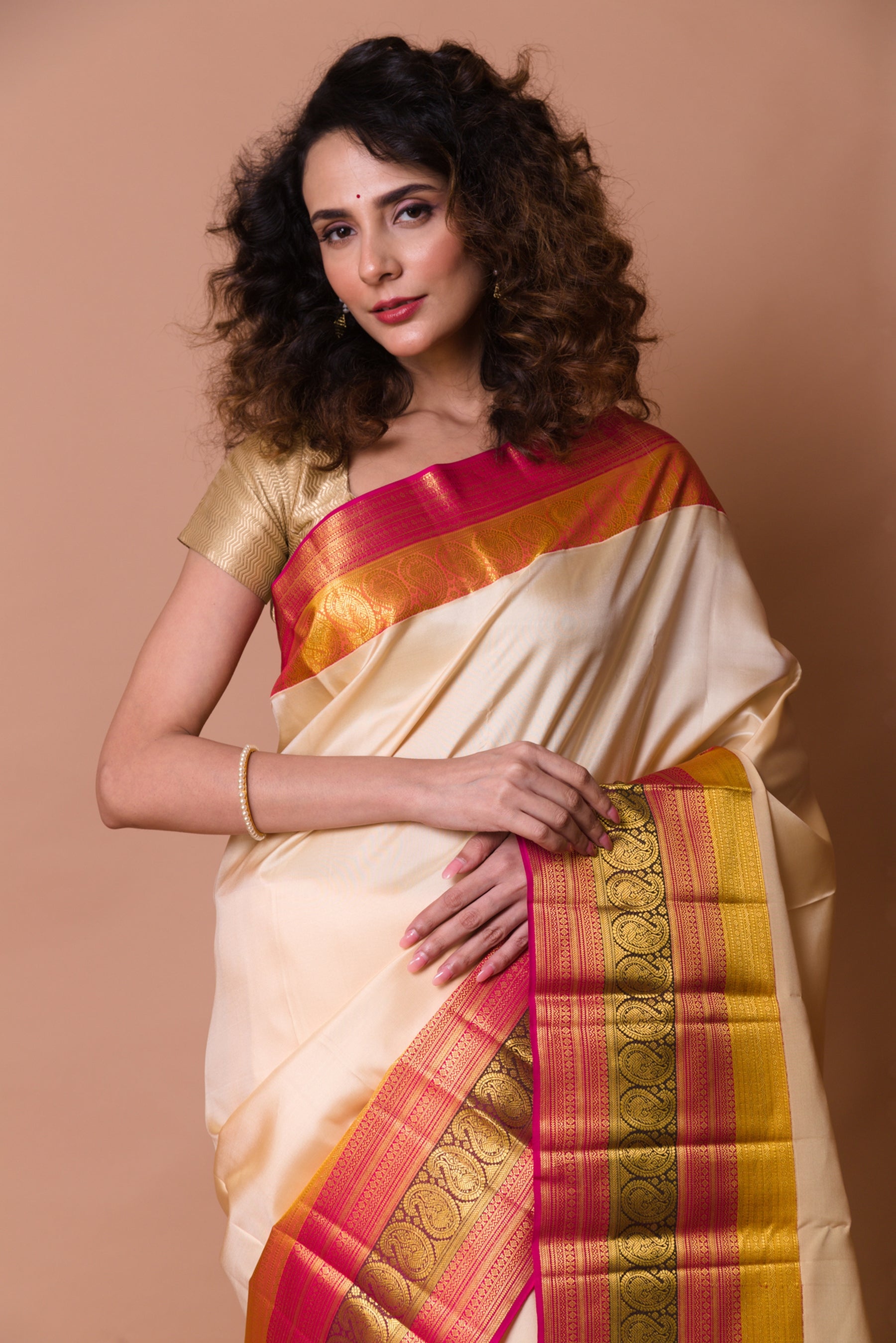 Kanchipuram Silk Plain Cream Saree