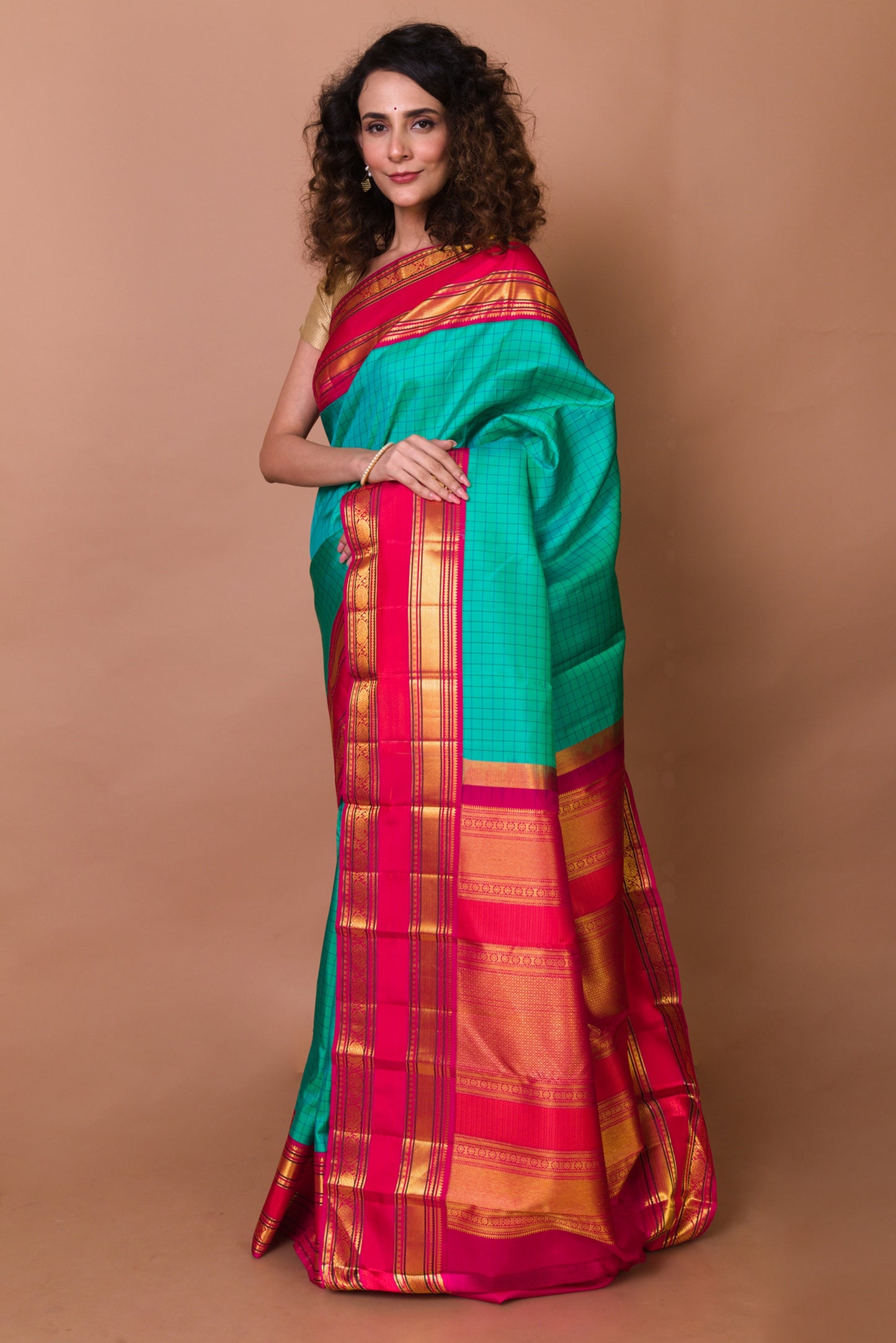 Kanchipuram Silk Checks Green Saree
