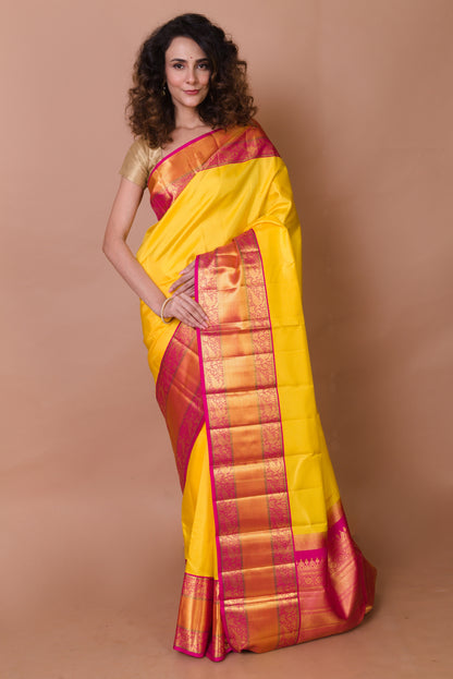 Kanchipuram Silk Plain Lemon Yellow Saree