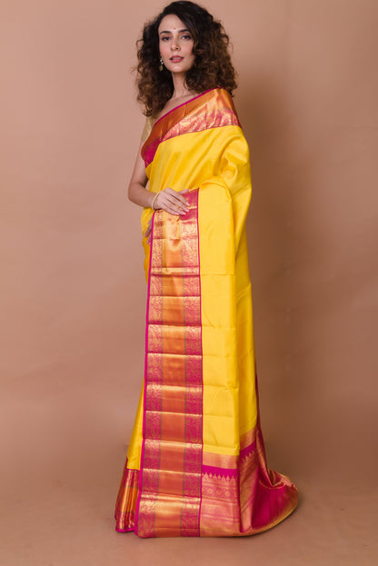 Kanchipuram Silk Plain Lemon Yellow Saree