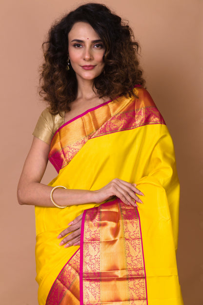 Kanchipuram Silk Plain Lemon Yellow Saree