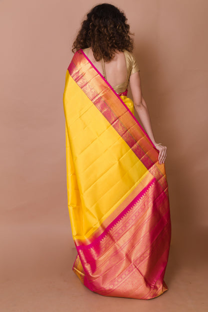 Kanchipuram Silk Plain Lemon Yellow Saree