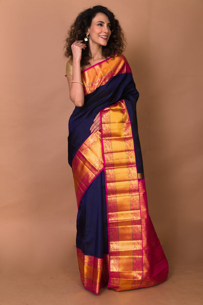Kanchipuram Silk Plain Dark Blue Saree