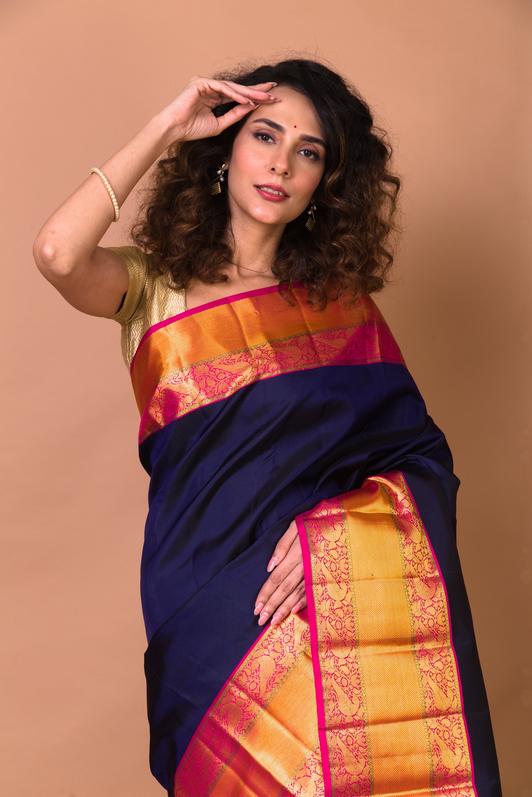 Kanchipuram Silk Plain Dark Blue Saree