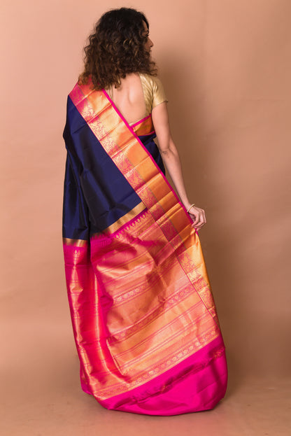 Kanchipuram Silk Plain Dark Blue Saree