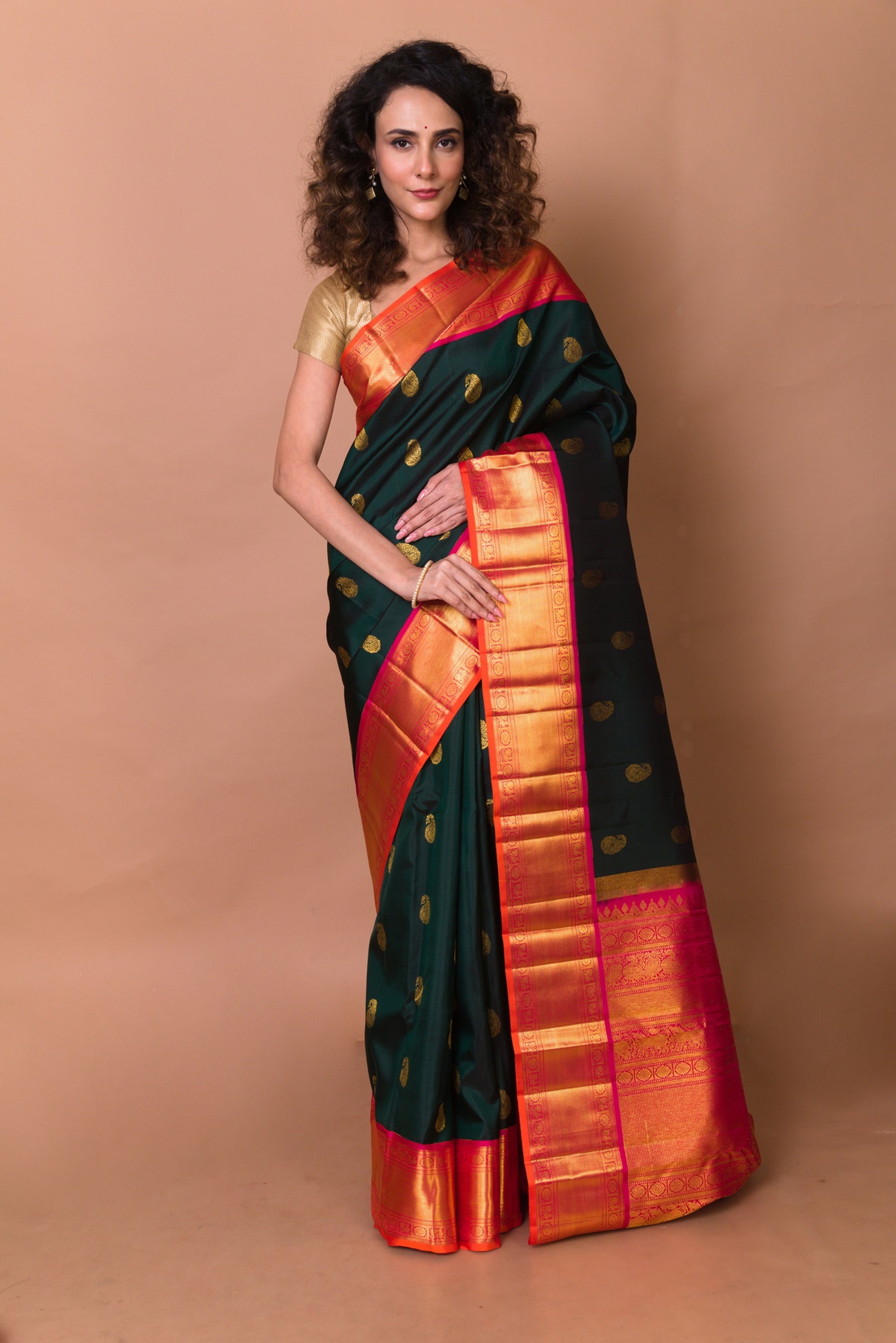 Kanchipuram Silk Butta Bottle Green Saree