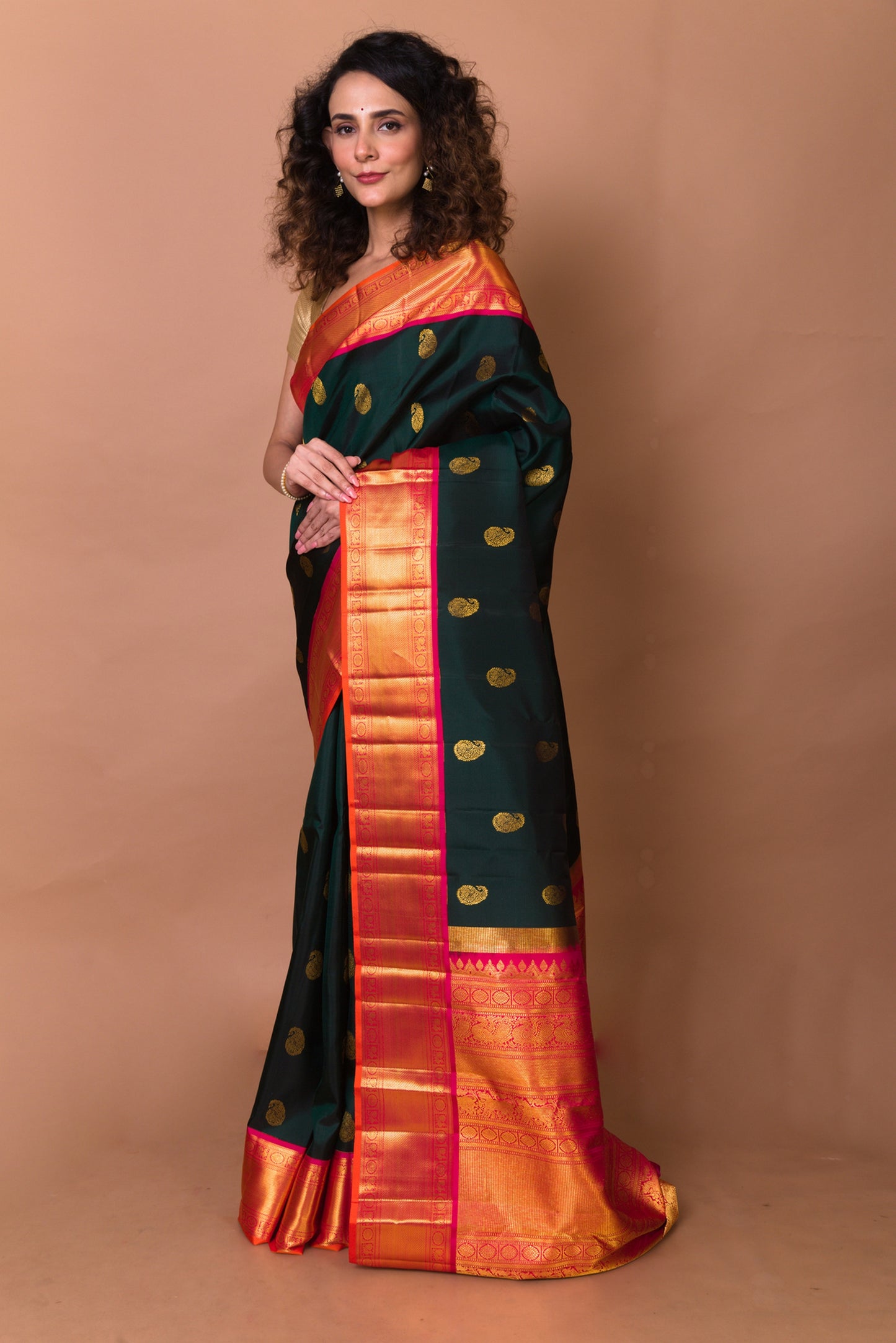 Kanchipuram Silk Butta Bottle Green Saree