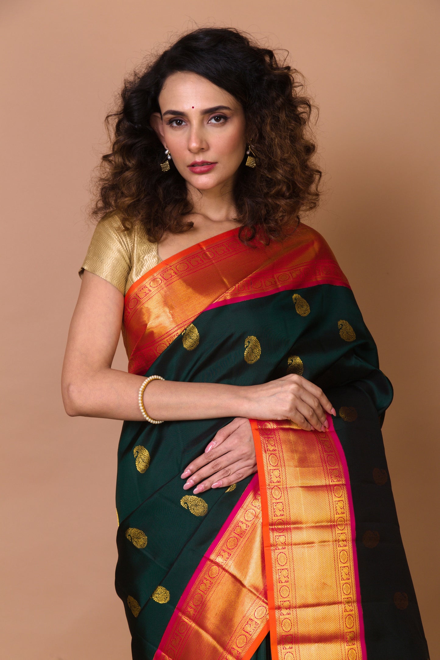 Kanchipuram Silk Butta Bottle Green Saree