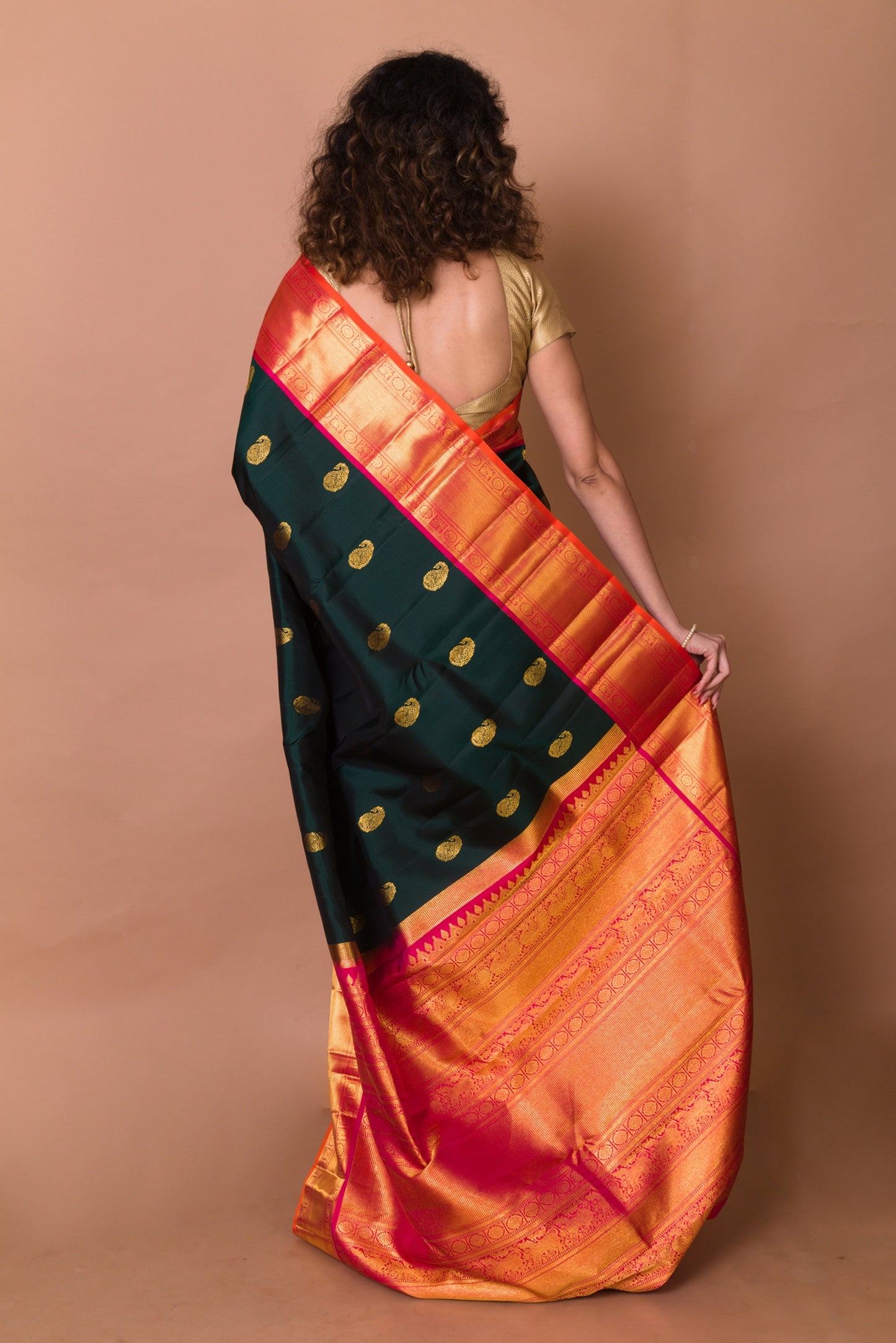 Kanchipuram Silk Butta Bottle Green Saree