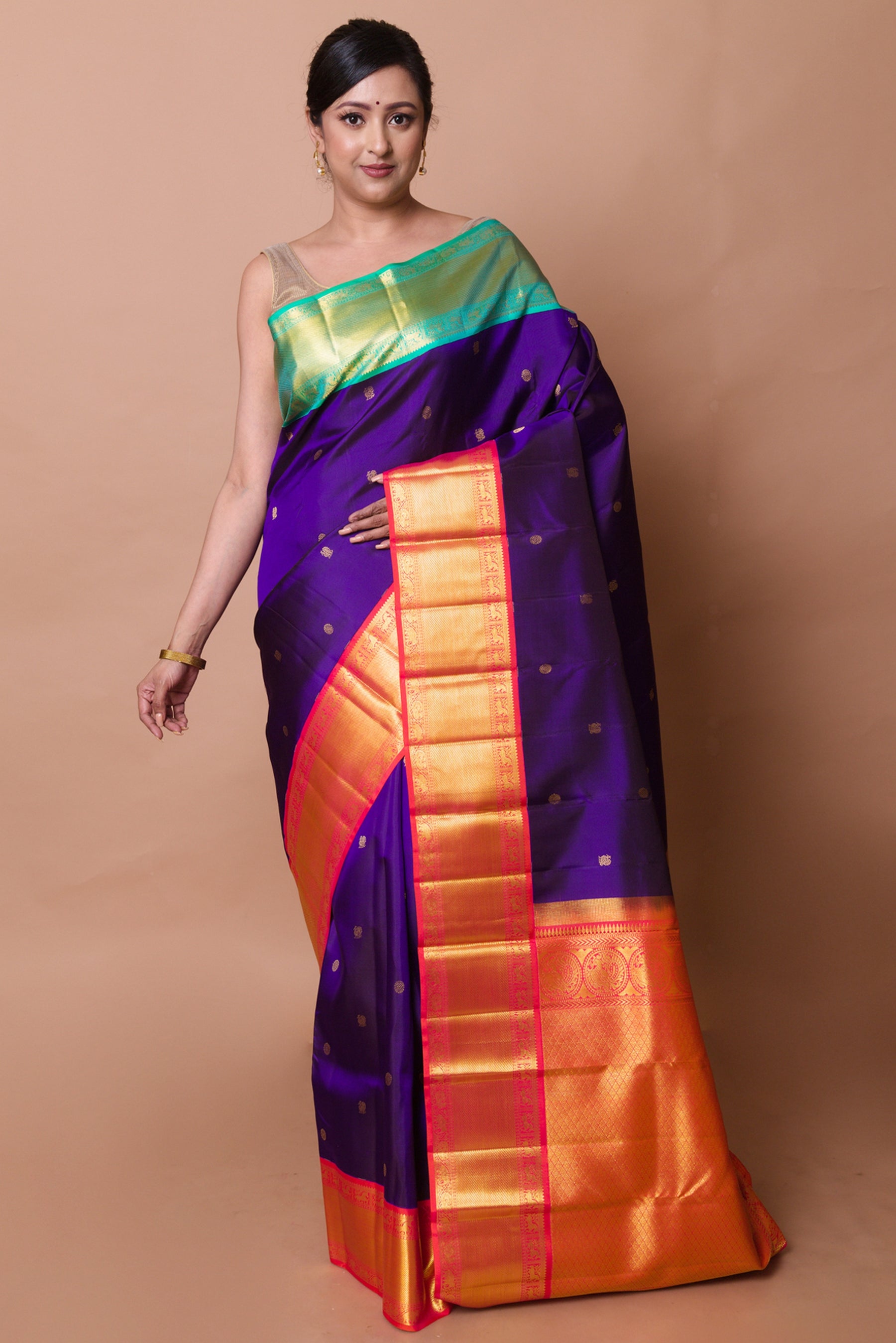 Kanchipuram Silk Butta Violet Saree With Ganga Jamuna Border