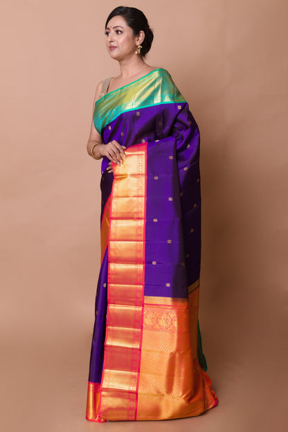 Kanchipuram Silk Butta Violet Saree With Ganga Jamuna Border