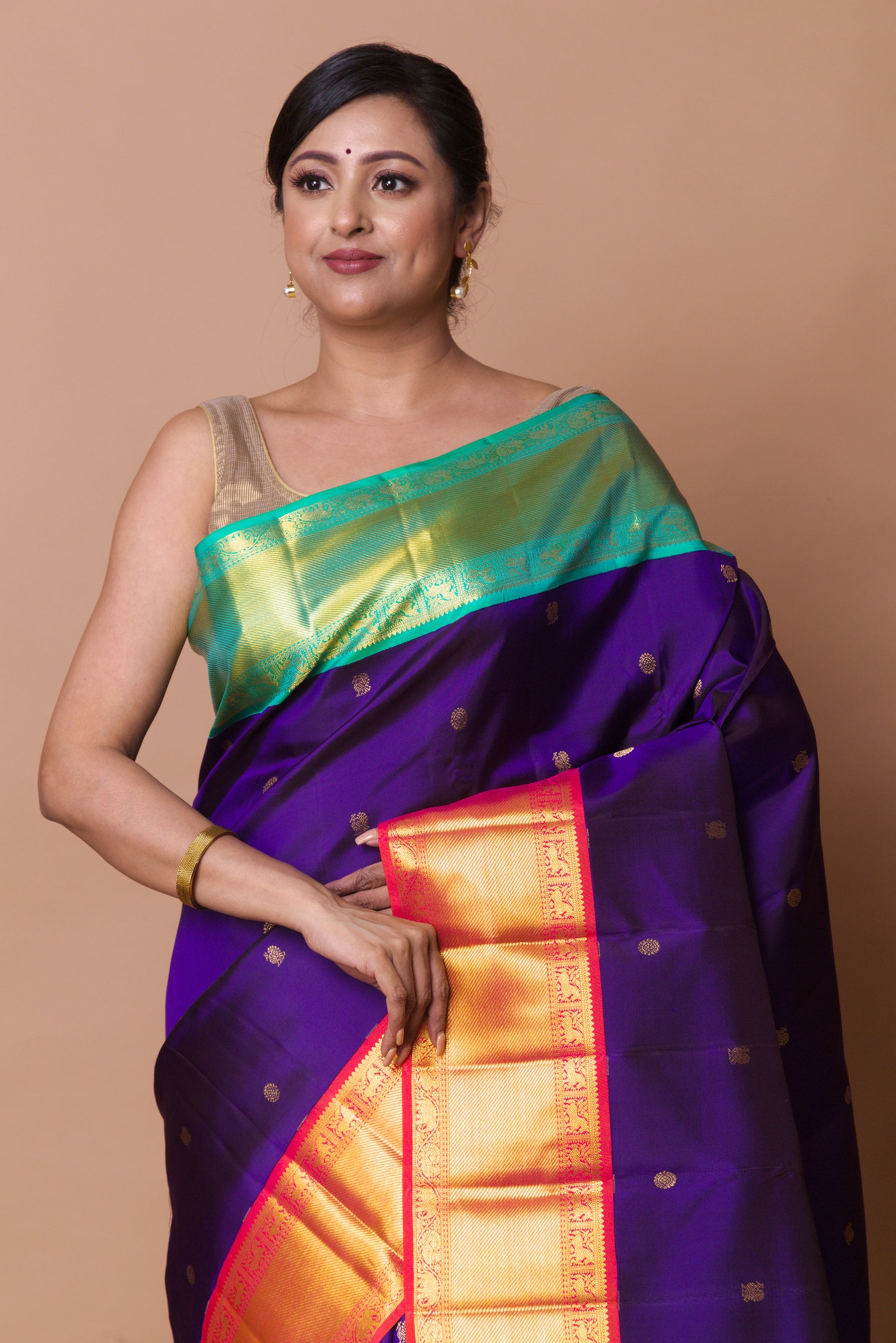 Kanchipuram Silk Butta Violet Saree With Ganga Jamuna Border