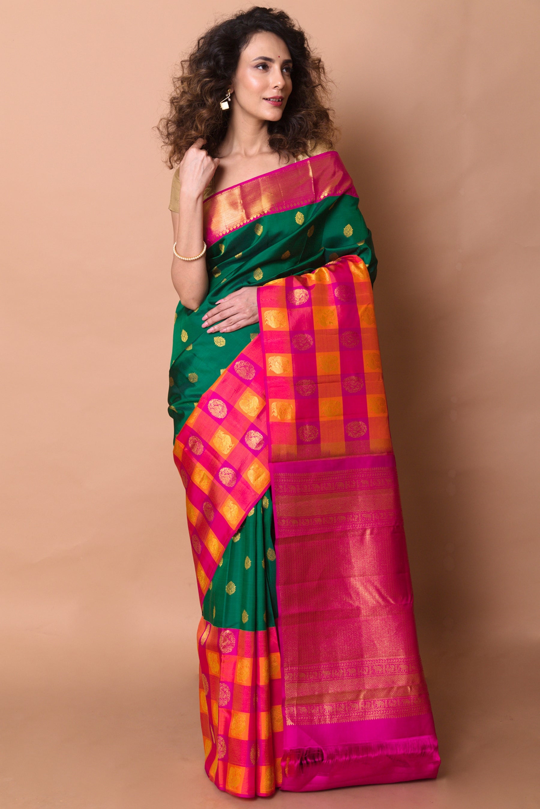 Kanchipuram Silk Butta Bottle Green Saree With Verti Big Border