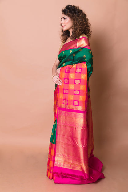 Kanchipuram Silk Butta Bottle Green Saree With Verti Big Border