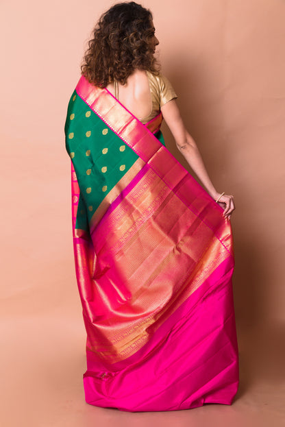 Kanchipuram Silk Butta Bottle Green Saree With Verti Big Border