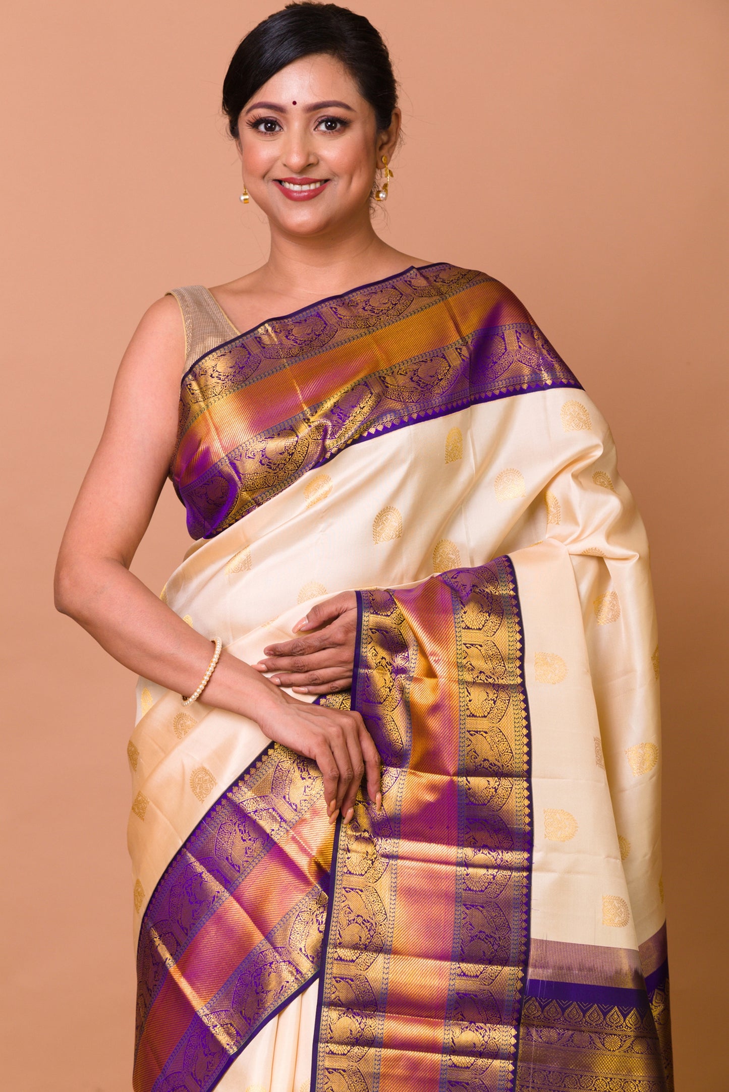 Kanchipuram Silk Butta Cream Saree
