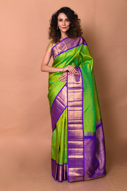 Kanchipuram Silk Checks And Butta Green Saree