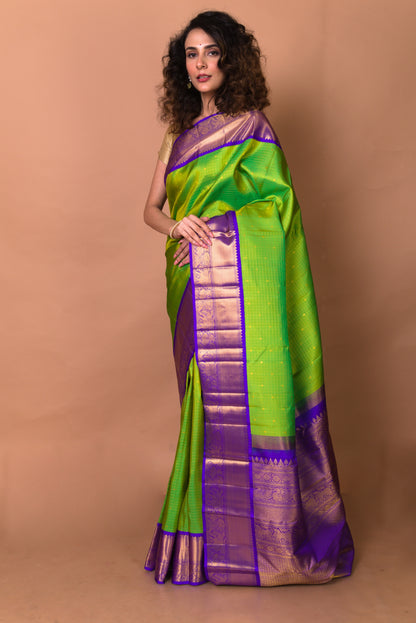 Kanchipuram Silk Checks And Butta Green Saree