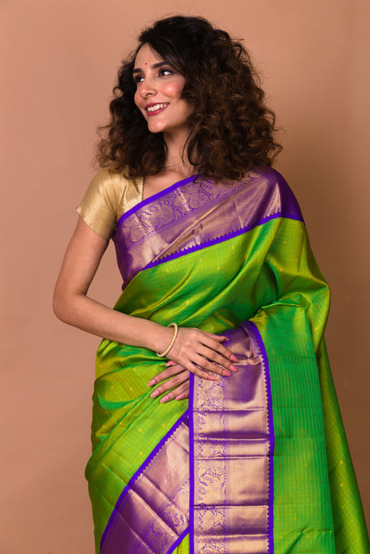 Kanchipuram Silk Checks And Butta Green Saree