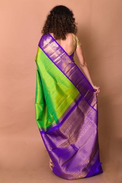 Kanchipuram Silk Checks And Butta Green Saree