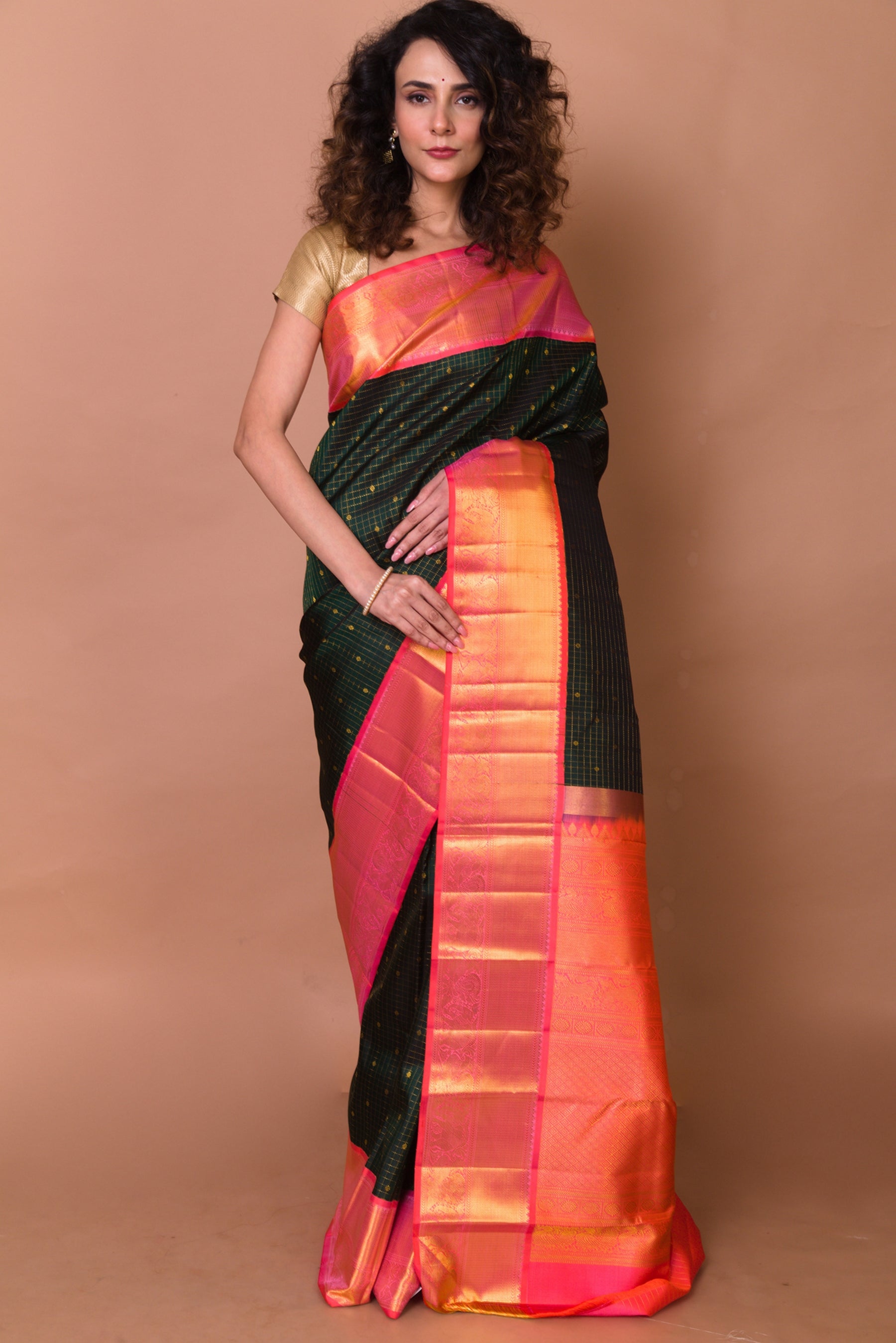 Kanchipuram Silk Checks And Butta Bottle Green Saree