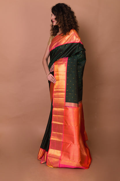 Kanchipuram Silk Checks And Butta Bottle Green Saree