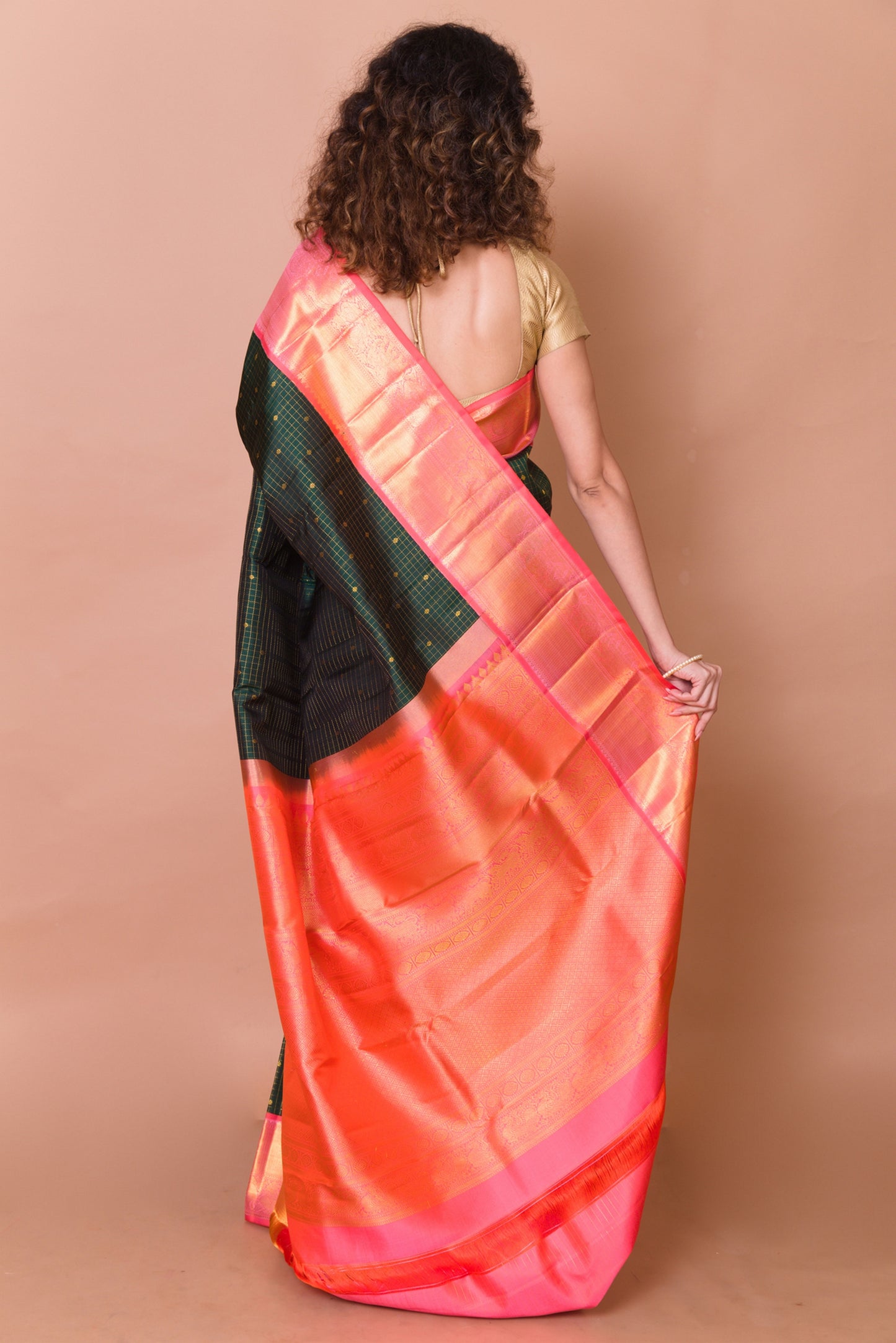 Kanchipuram Silk Checks And Butta Bottle Green Saree