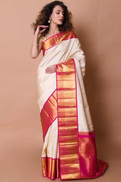 Kanchipuram Silk Checks Cream Saree