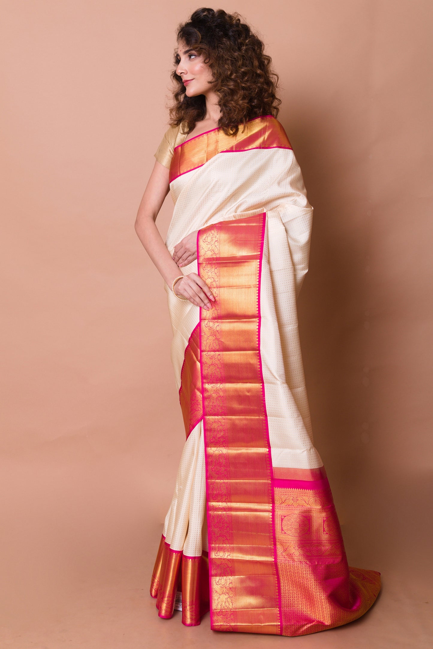 Kanchipuram Silk Checks Cream Saree