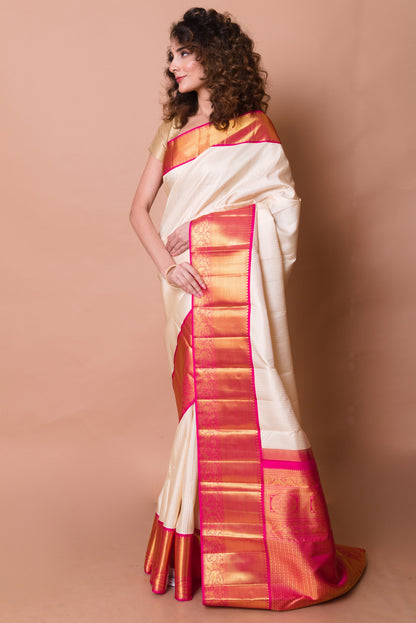 Kanchipuram Silk Checks Cream Saree