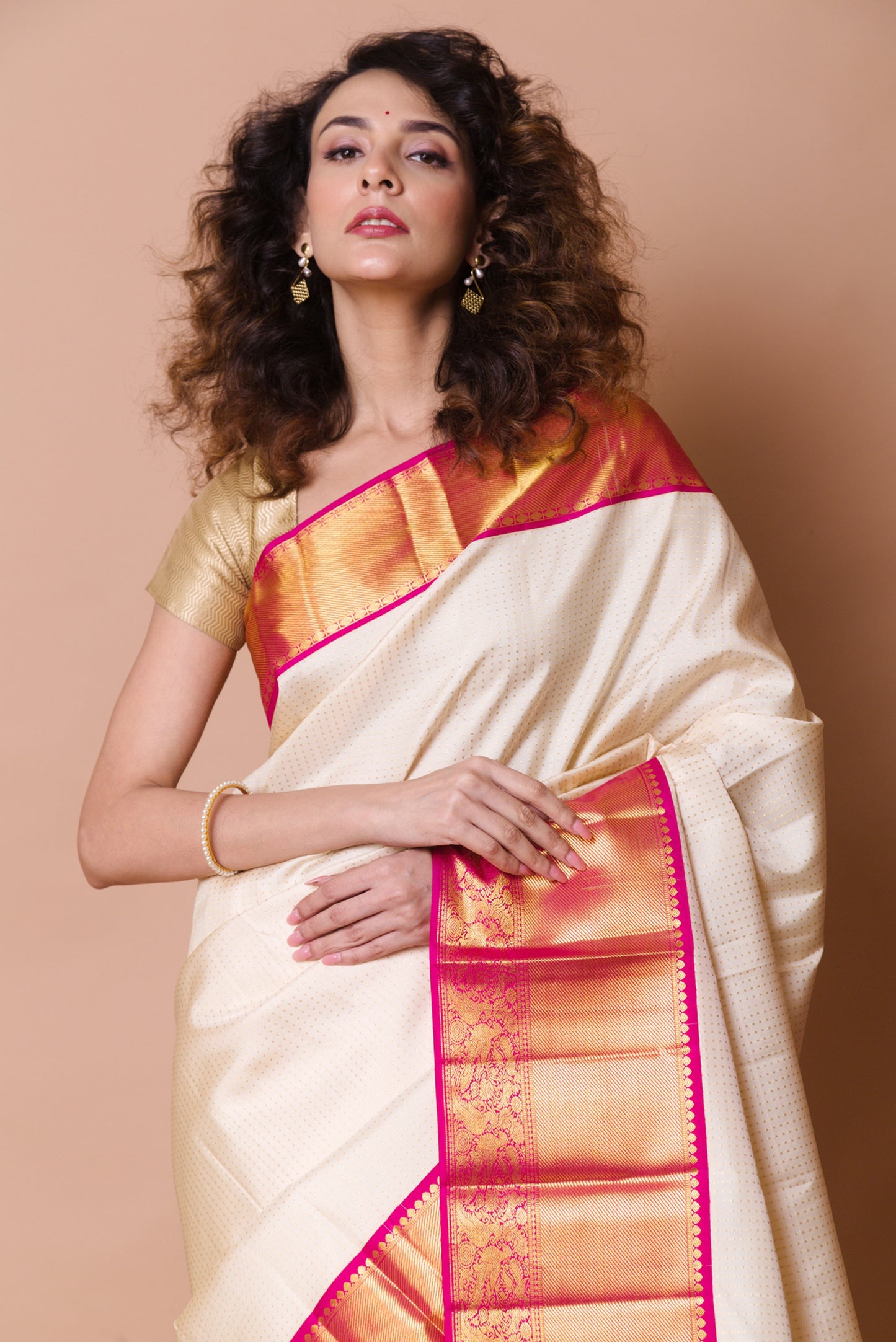 Kanchipuram Silk Checks Cream Saree