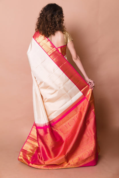 Kanchipuram Silk Checks Cream Saree