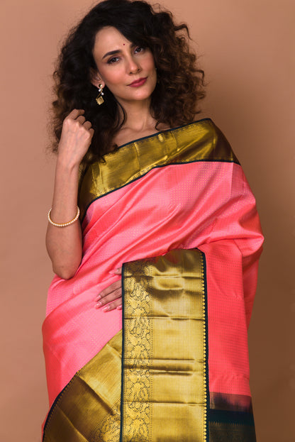 Kanchipuram Silk Checks Pink Saree