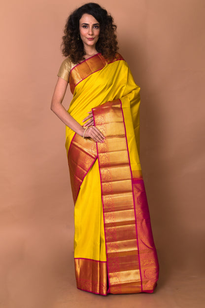 Kanchipuram Silk Checks Lemon Yellow Saree