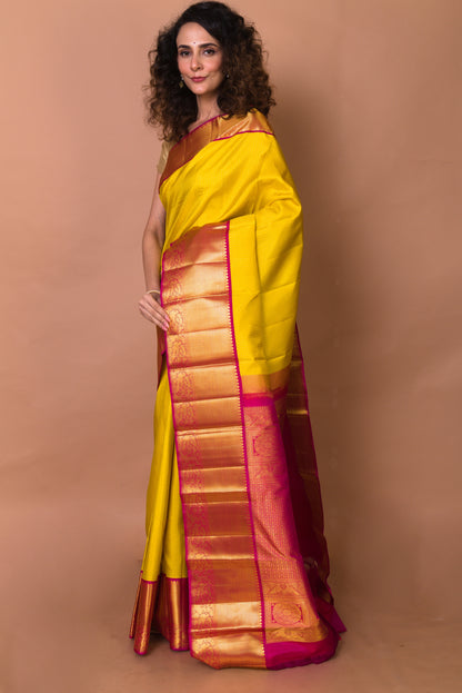 Kanchipuram Silk Brocade Lemon Yellow Saree