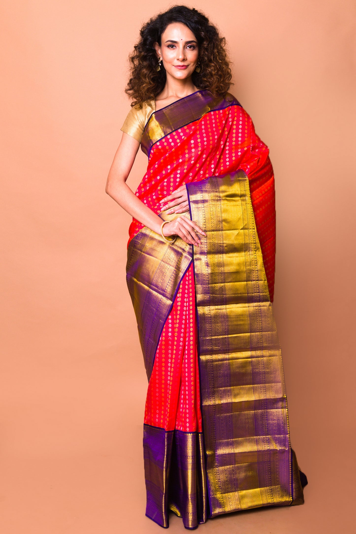 Kanchipuram Silk Butta Redish Pink Saree