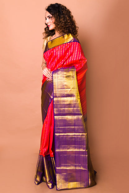Kanchipuram Silk Butta Redish Pink Saree