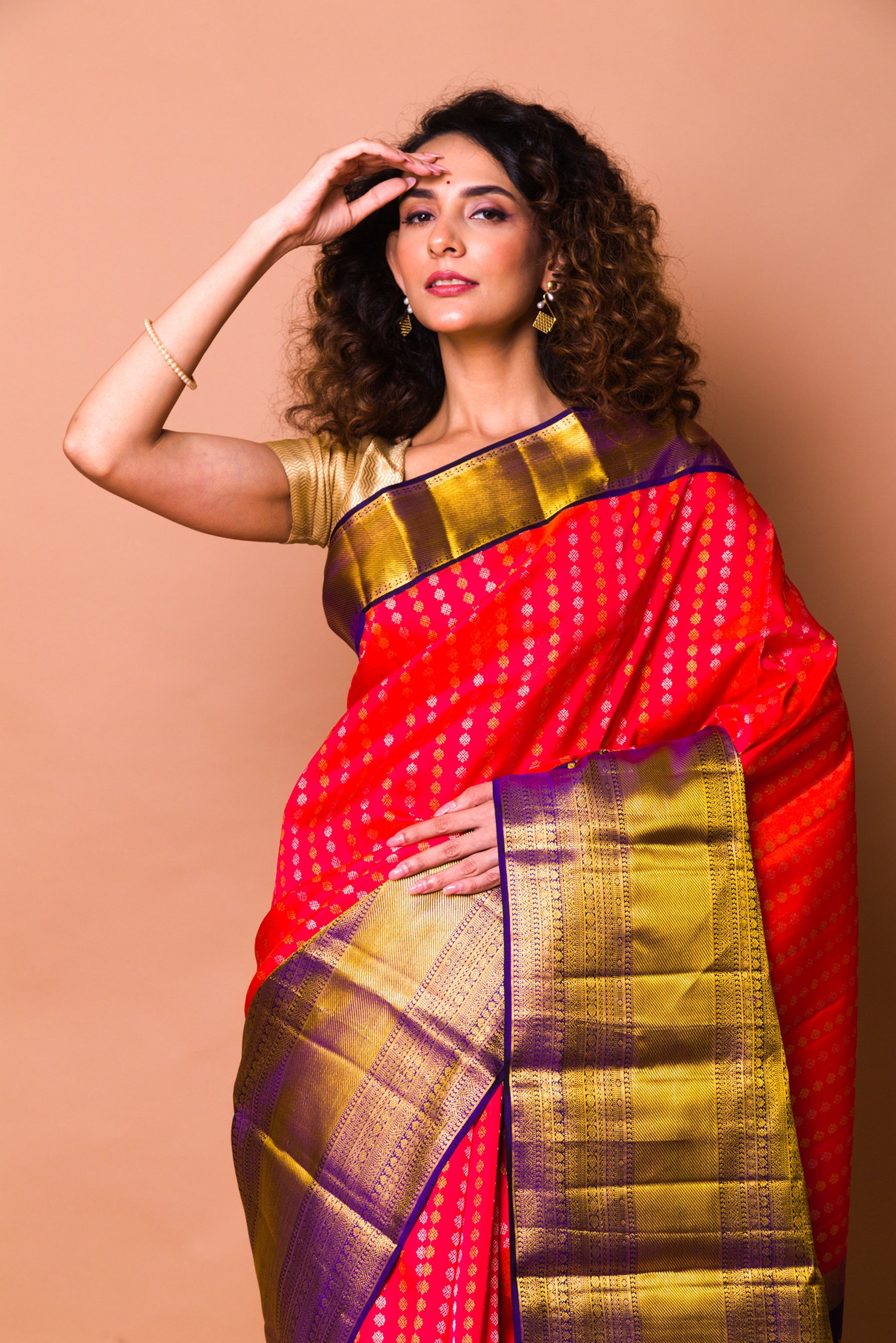 Kanchipuram Silk Butta Redish Pink Saree