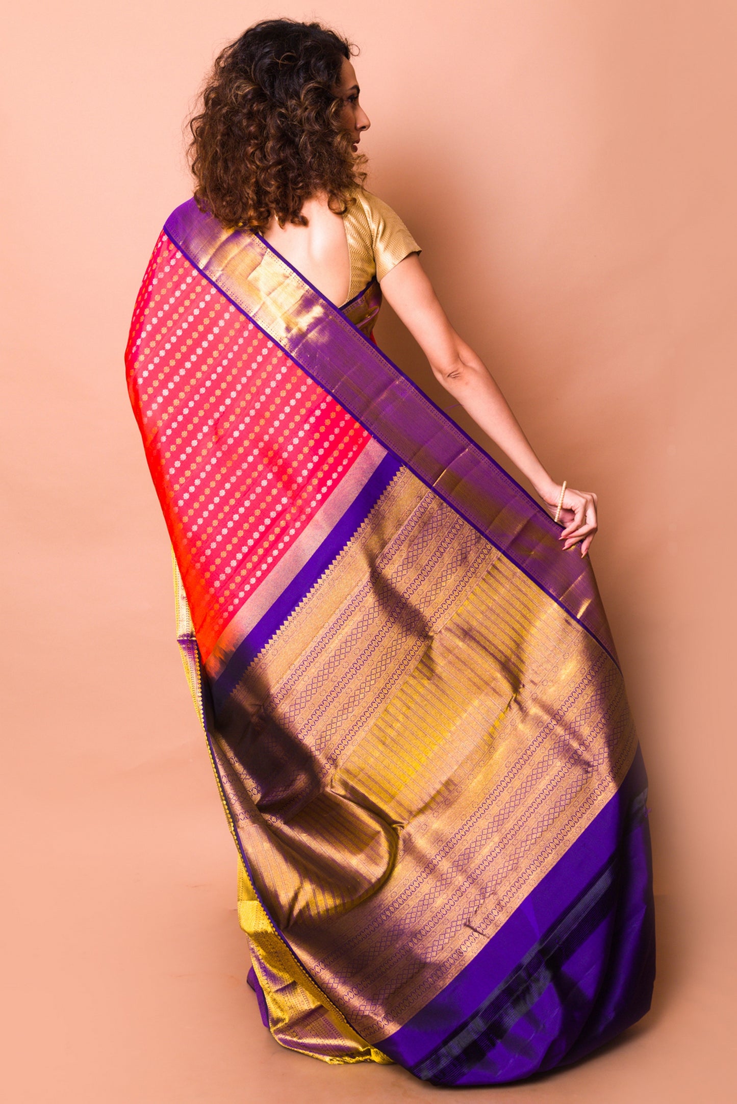 Kanchipuram Silk Butta Redish Pink Saree