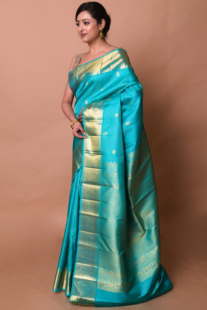 Kanchipuram Silk Checks And Butta Blue Saree