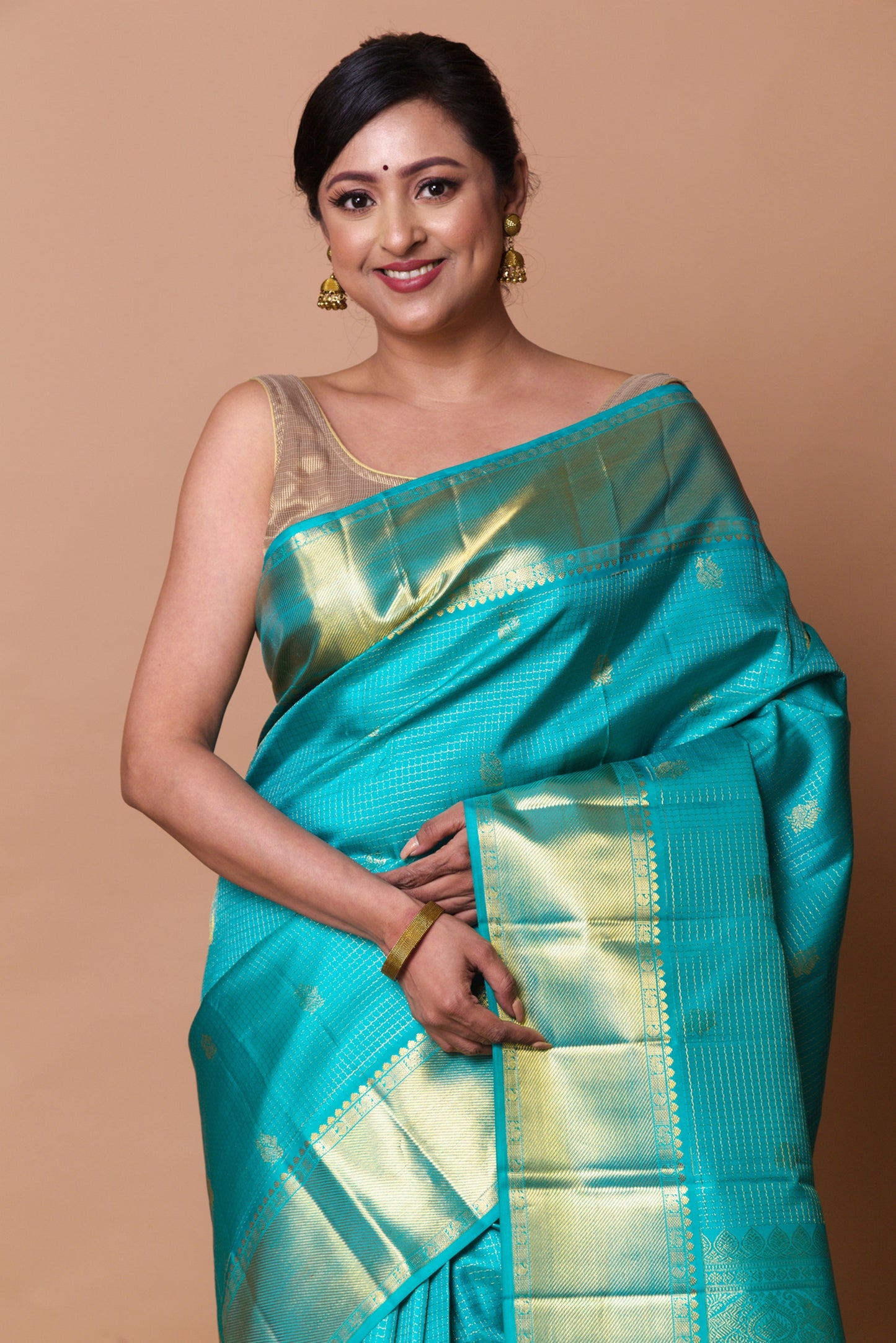 Kanchipuram Silk Checks And Butta Blue Saree