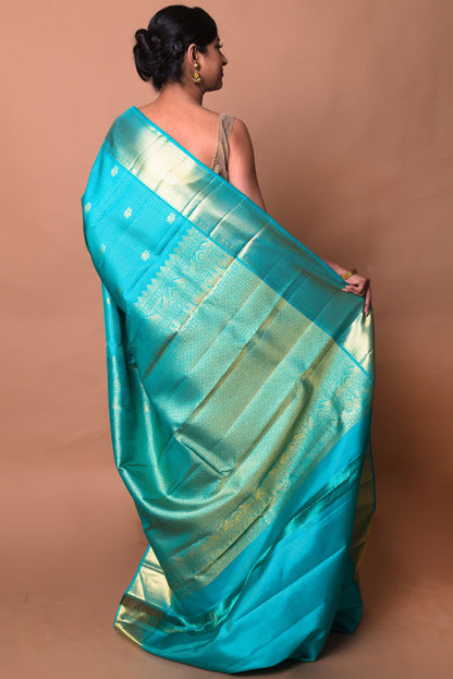 Kanchipuram Silk Checks And Butta Blue Saree